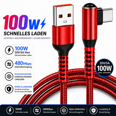 USB-C Kabel 90° Winkel 50cm, 1m, 2m 60W Schnellladekabel USB-A zu USB-C Grau