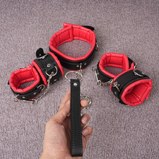 Bondage PU Leather Wrist Handcuffs Ankle Cuffs Neck Collar Chain Set BDSM Slave