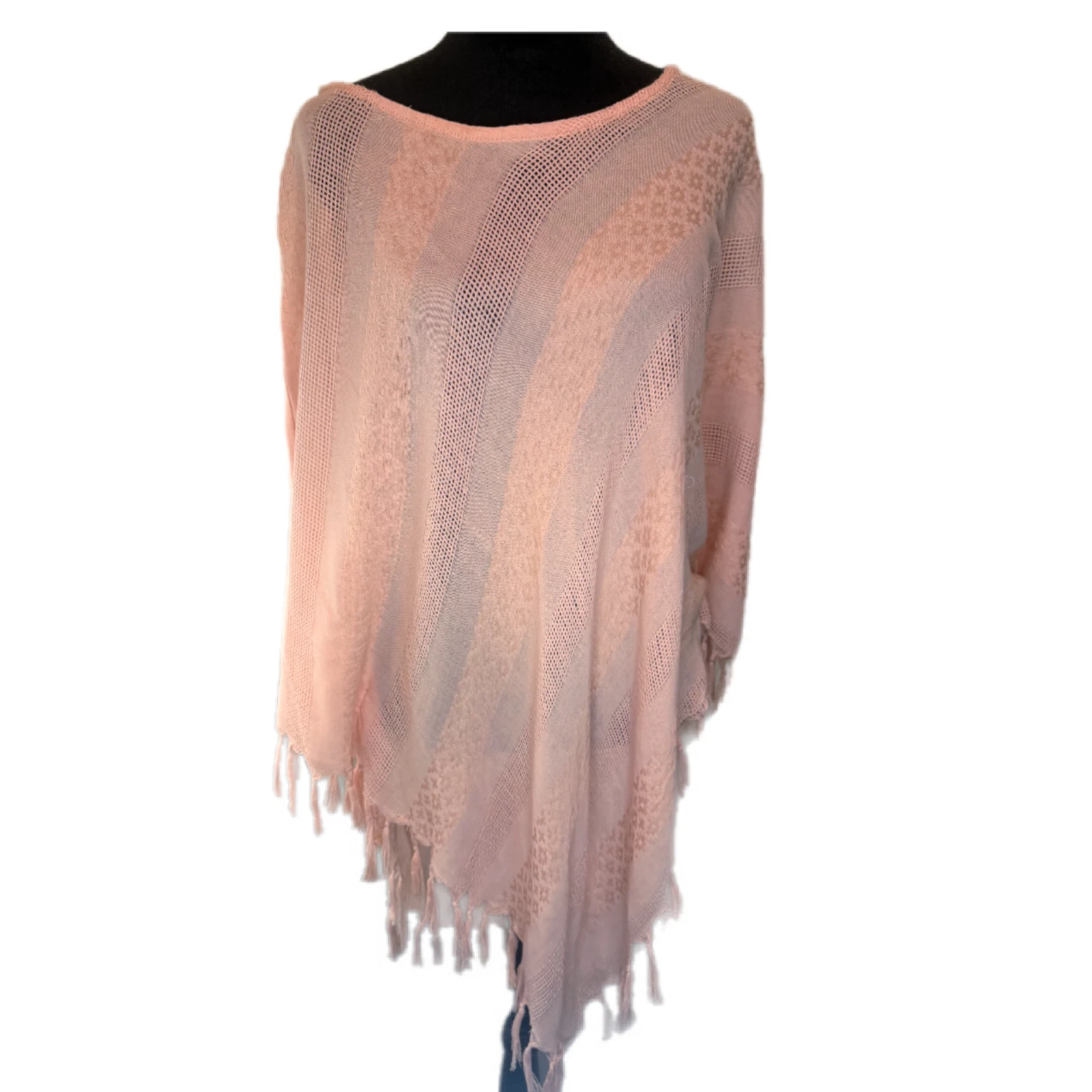 umgee Poncho Top Fringe Lightweight Boho Knit Sheer Pink Womens L