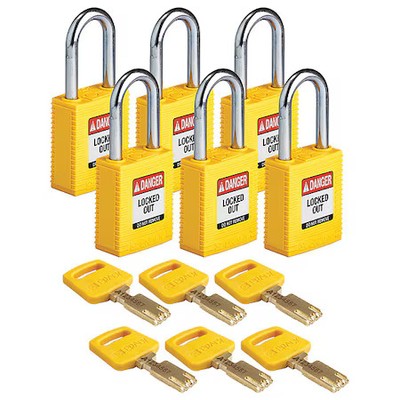 Brady Nyl-Ylw-38St-Kd6pk Lockout Padlock, Keyed Different, Nylon, Yellow, 1 1/2