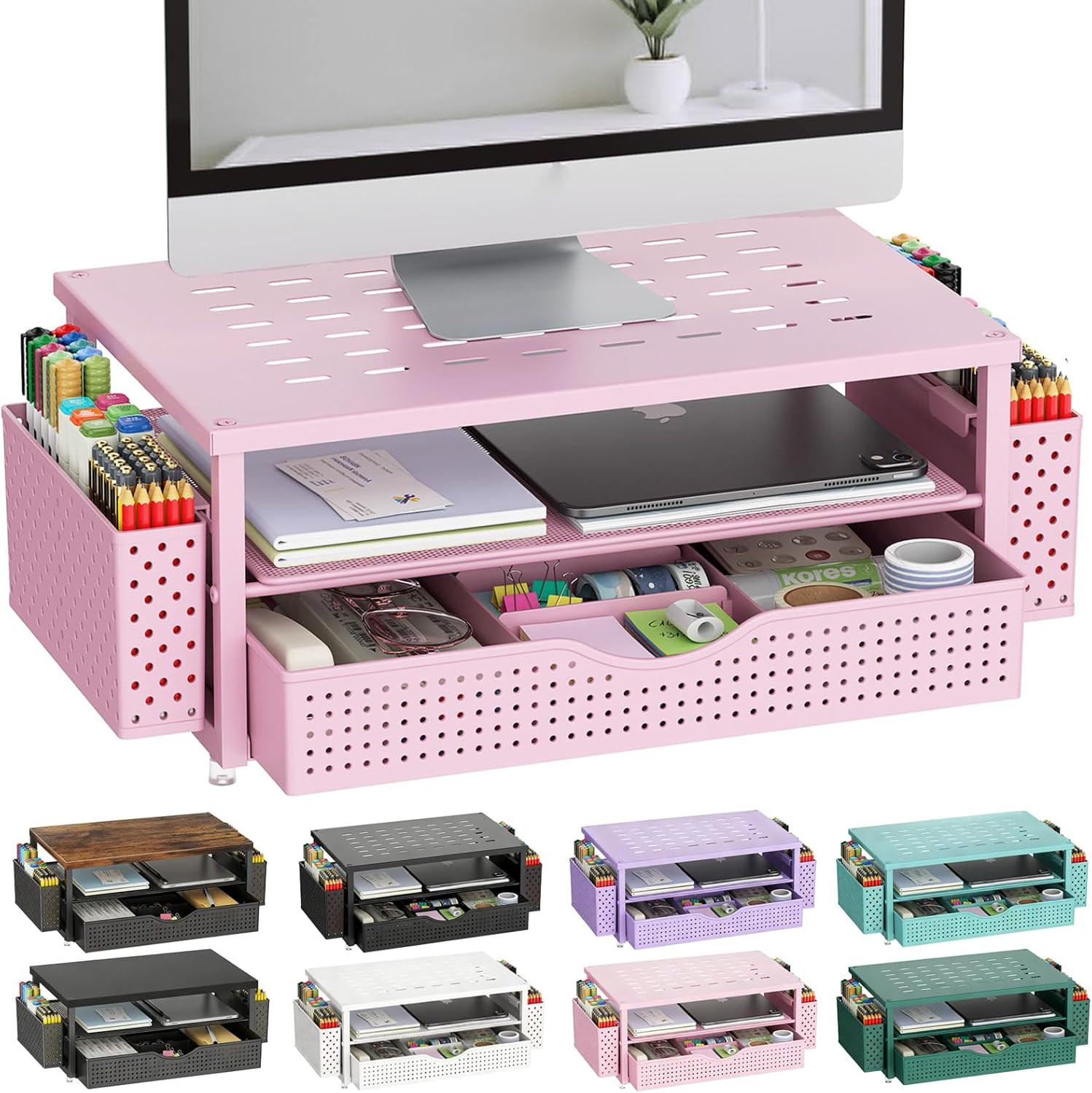 Supporto Monitor Design Minimalista con Organizer e Cassetto