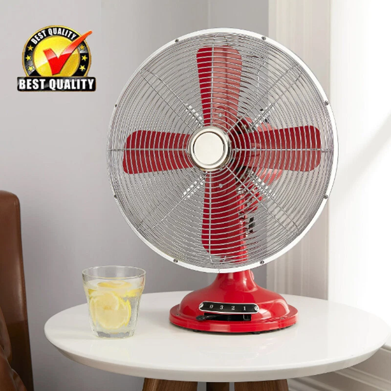 Red 12'' Retro 3-Speed Metal Table Fan Personal Fans Bedroom Oscillation  Desk US