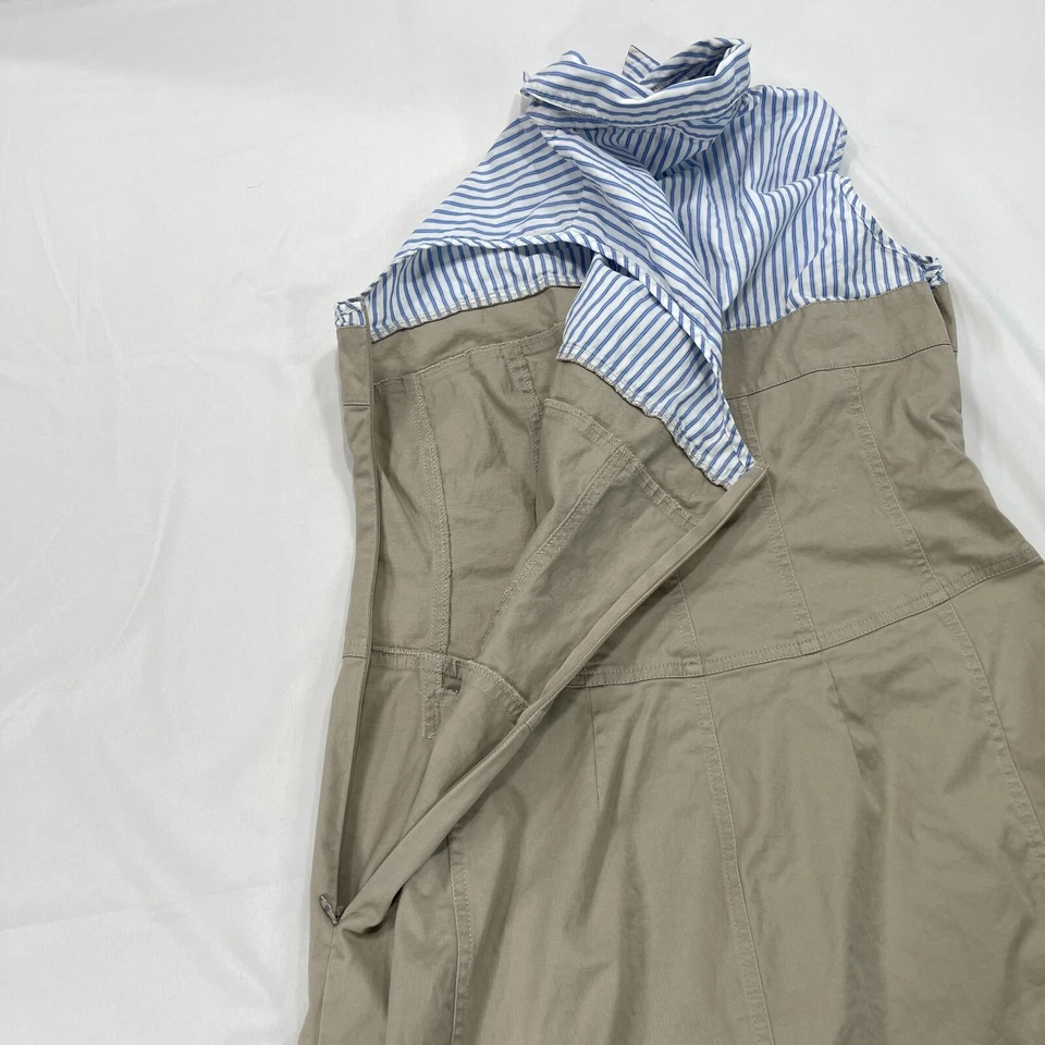 Jean Paul Berlin Sleeveless Khaki Midi Dress Womens 10 Blue White Striped Top - Image 3 of 4