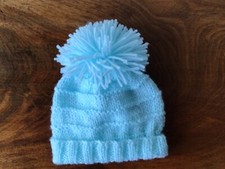 BRAND NEW HAND KNITTED BABY LIGHT BLUE NEWBORN BABY POM POM HAT PERFECT GIFT