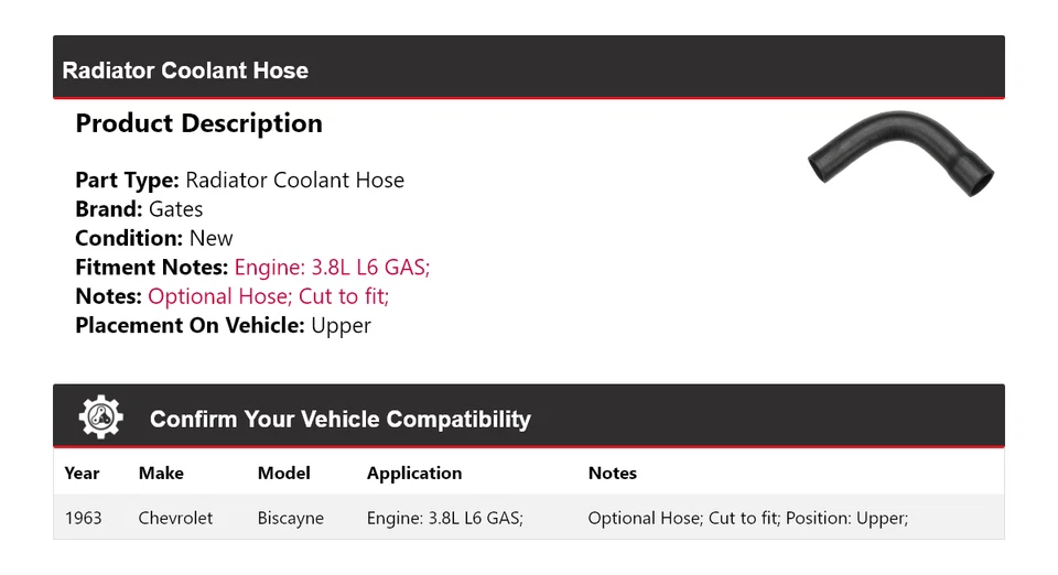 Manguera de refrigerante de radiador de gas L6 3,8 L para Chevrolet Biscayne 1963 puertas superiores Foto 2 de 4