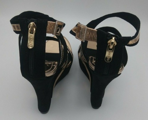 Black Faux Suede Gold Metallic Strappy Platform Cage Wedge Size 9 Mackin #206-1 - Picture 3 of 10