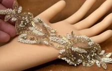 applique glass beads sequins hand sewn 2x7.75" cream gold 1pc