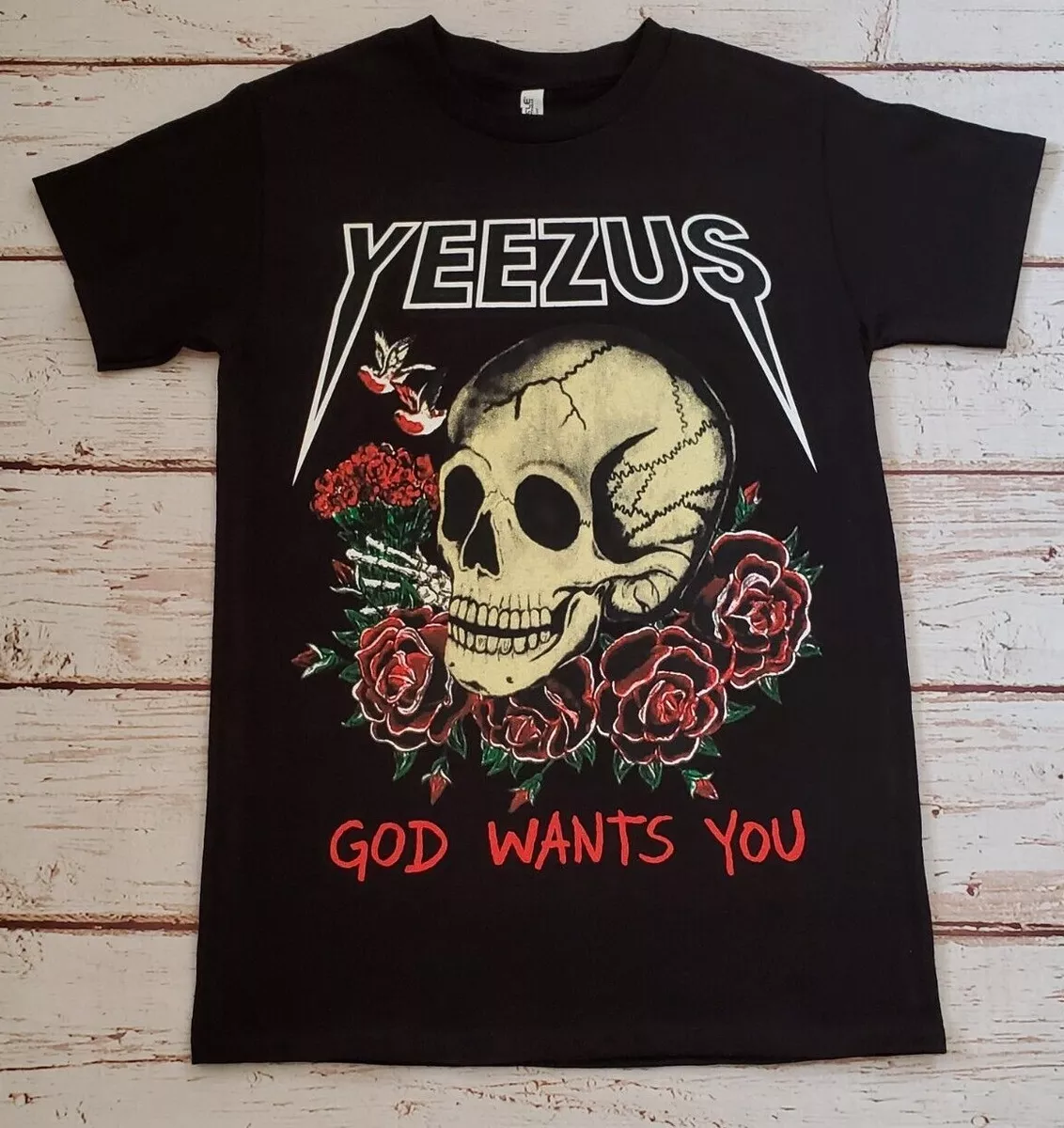NEW-YEEZUS - SKULL HEAD u0026amp; ROSES - GOD WANTS YOU - BLACK T-SHIRT | eBay
