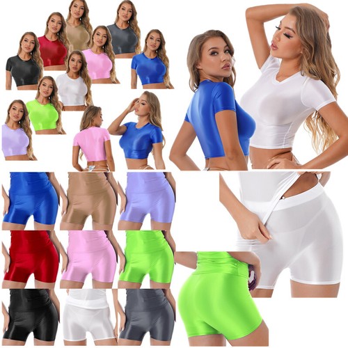 Mujer Brillante Prendas el torso Recortadas con Pantalones Cortos Elásticas Fitness Ropa deportiva Trajes de eBay