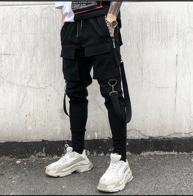 mens skinny cargo pants black
