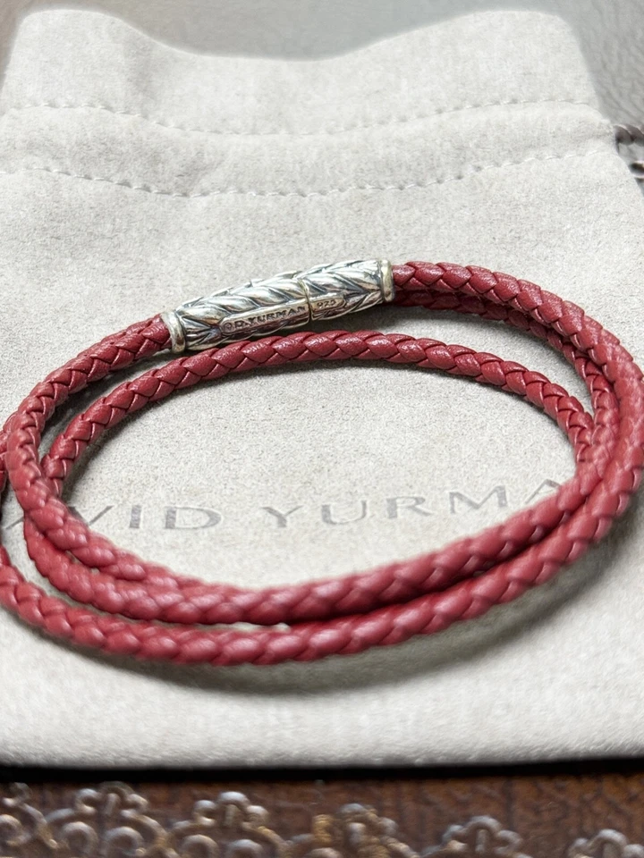 Brazalete David Yurman de plata esterlina .925 Chevron triple envoltura de cuero rojo S Foto 2 de 3