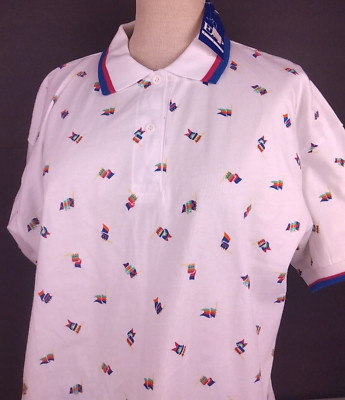 E P Pro Ladies White Flag Design SS Golfing Polo Shirt Size L - New.  (B14)