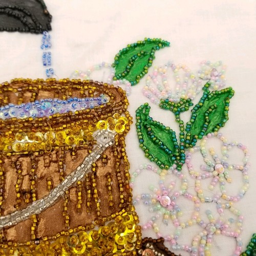 Hand Crafted Bead Work Vintage Black Water Pump Flowers Hand Stitched Made Craft - Picture 7 of 12