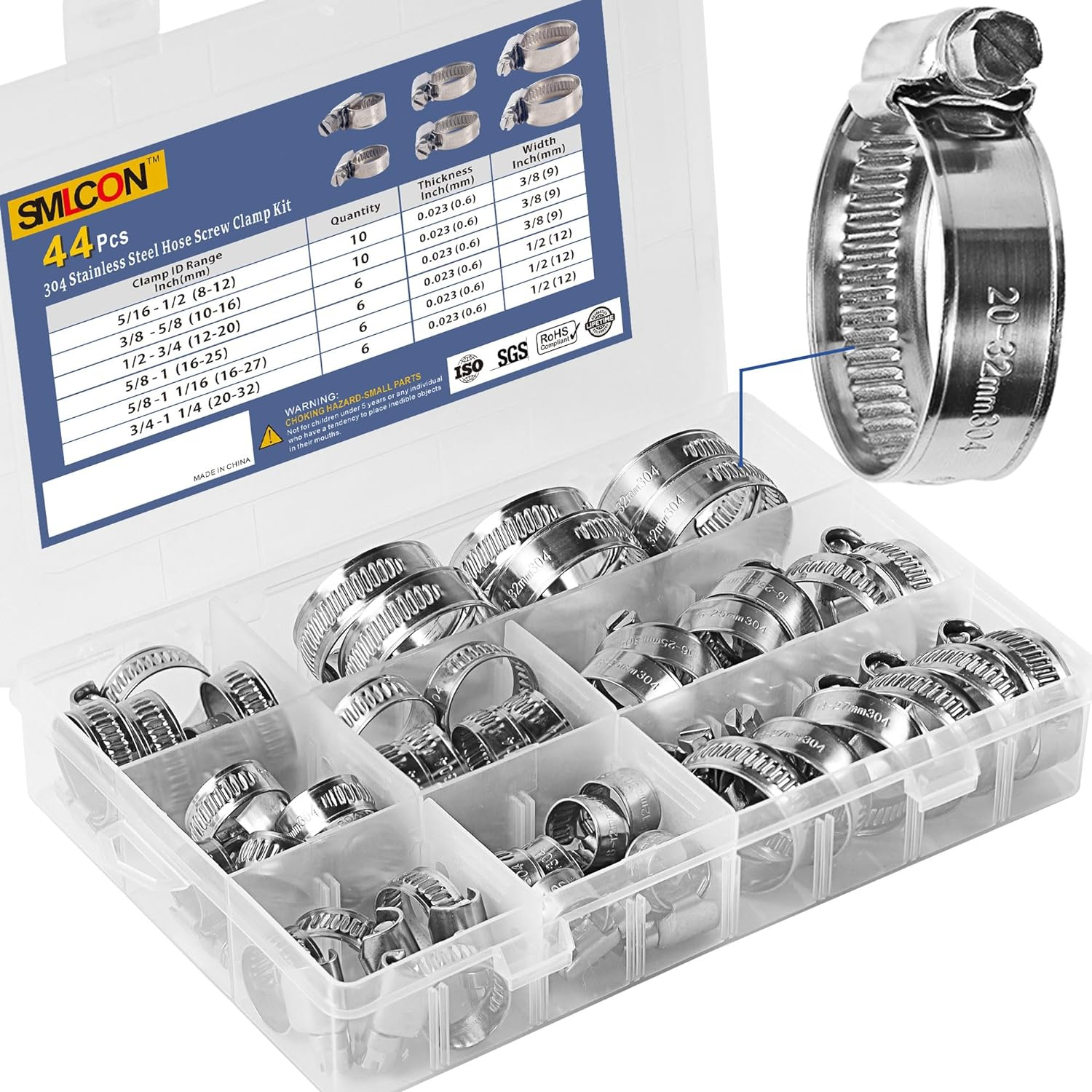Heavy Duty Hose Clamp Kit - 44PCS,1/4''- 1-1/8'' Adjustable Worm Gear Drive Hose