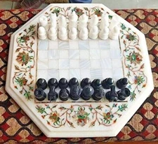 13"x13" Octagon Chess Set with Chess Pieces Handmade Marquetry Fine Inlay Stone