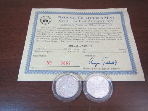 2 pcs Delaware Missouri Silver Proof Set National collectors Mint Copy Certifica