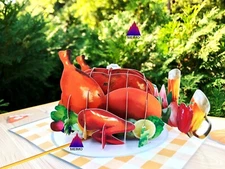3D Pop Up Greeting Card Thanksgiving Dinner Turkey Feast Holidays Gift Handmade 