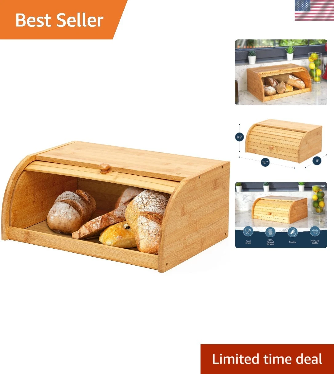 Spacious Bamboo Bread Box with Roll Top - Perfect for Countertop Organization