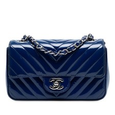 Authenticated Chanel Mini Rectangular Classic Chevron Patent Single Flap Blue