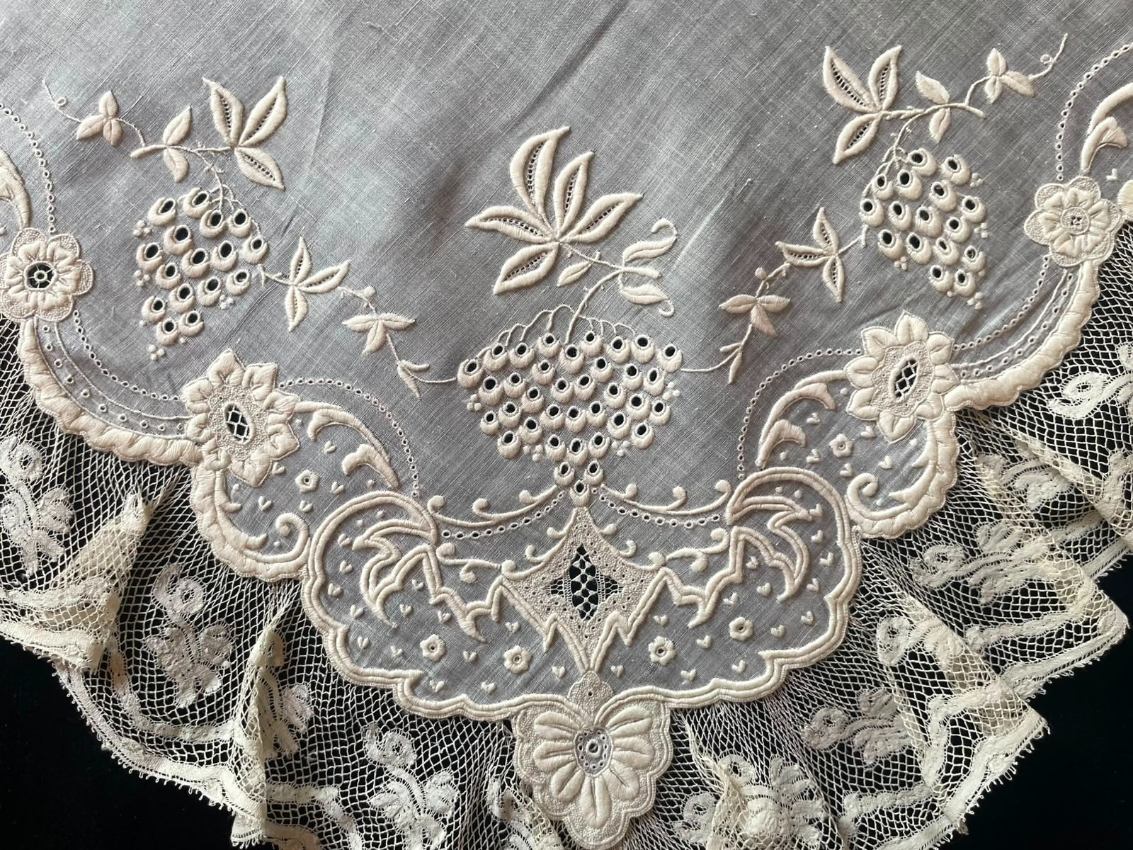 Antique Lace Wedding Handkerchief 22" Linen Whitework Grapes Bridal Trousseau