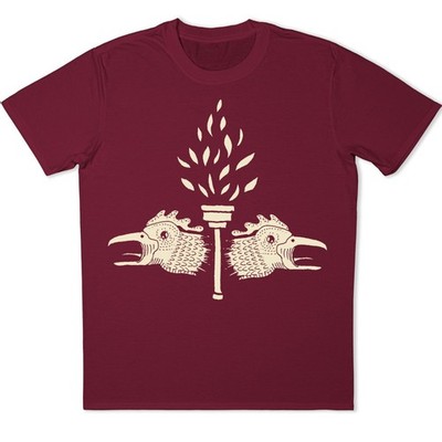 Twin Bird Heads Burning Torch Flaming Crest Vintage Volkskunst Grafik T-Shirt.