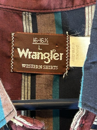 VTG 90s Wrangler Blue Maroon Striped Western Cowboy Pearl Snap Shirt Mens Large - Picture 2 of 15