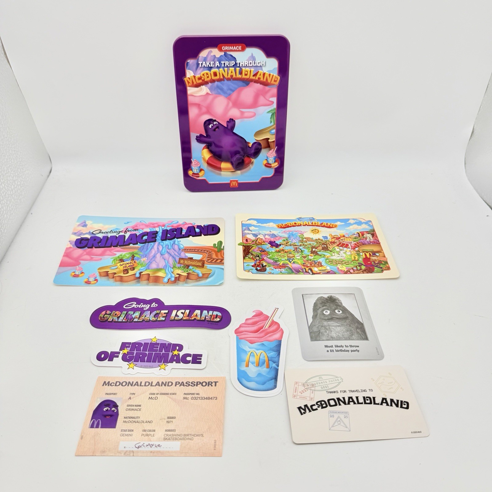 2025 McDonald's Grimace Island Set Purple Tin, Postcards & Stickers Adult Happy