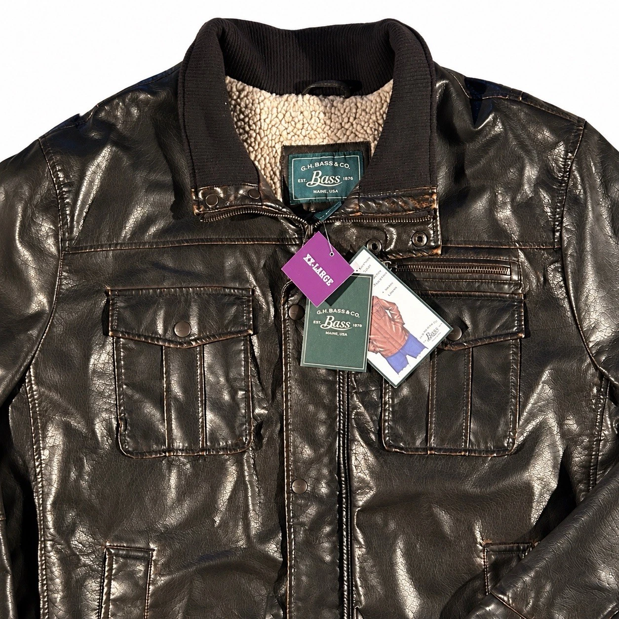 G.H. Bass Men’s XXL Faux Leather Sherpa Lined Jacket Brown NWT Workwear - product detail image 2