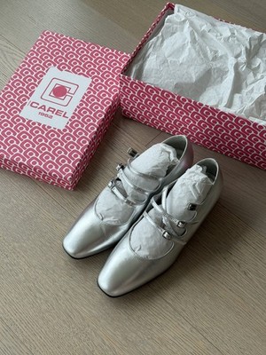 Carel Paris Ariana Silver Leather French Chic Mary Jane Flats FR39.5/US8.5
