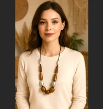 J. Jill Beaded Necklace Brown Silver Chunky Weekend Getaway Statement Adjustable