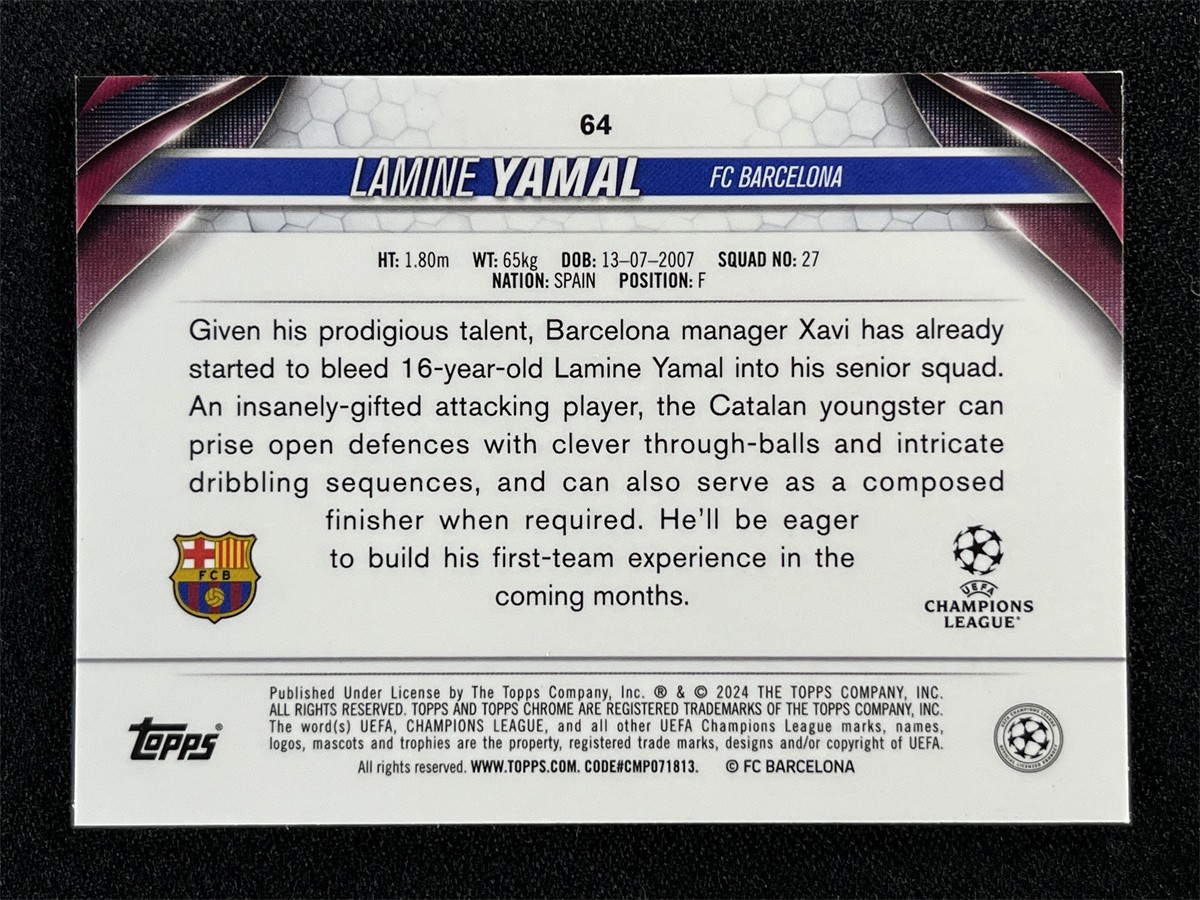 2023-24 Topps Chrome UEFA Lamine Yamal #64 Pulsar Refractor Rookie RC Barcelona view 2