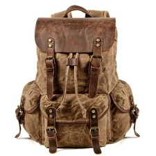 Leather Backpack for Men, Waxed Canvas Shoulder Rucksack Carry-On Travel Back...