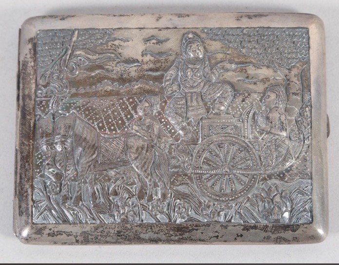 Nice Antique Asian Silver cigarette Case Repousse Horses Hindu Chariot 4.25”