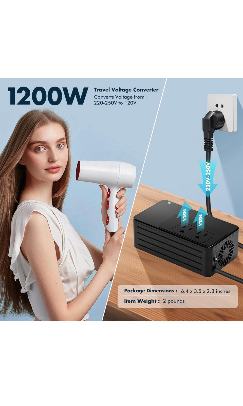 1200W Universal Travel Adapter Converter Step-Down 220V to 110V, Pure Sine Wave