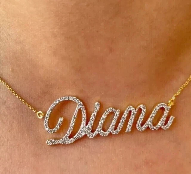 Colgante con nombre personalizado creado en laboratorio redondo de 1,00 quilates chapado en oro amarillo de 14 k 16" Foto 4 de 4
