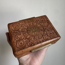 Hand Carved Wood Trinket Jewelry Keepsake Box Brass Inlay Floral India 6x4x2