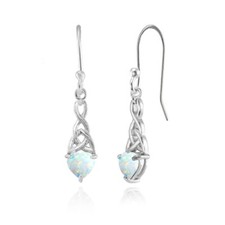 Dainty 6x6mm Heart Simulated Opal Celtic Knot Dangle Earrings in Sterling Silver
