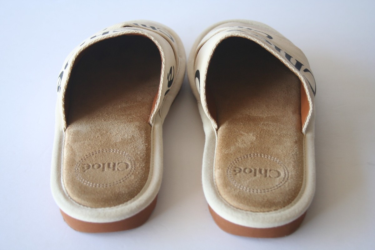 NEW Chloe Beige WOODY Canvas/Leather Slippers Sz 38 (US 8