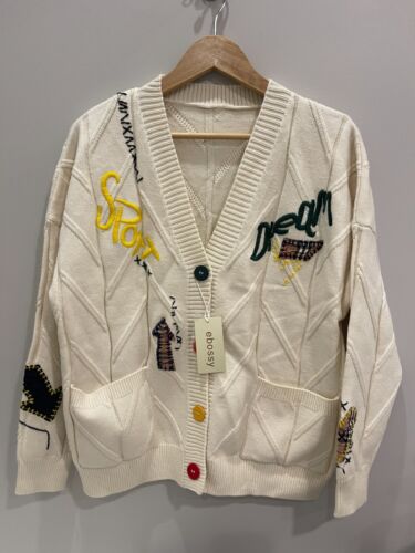 NWT Ebossy Cardigan Sweater White Ivory Dream Knit Embroidered Patchwork SZ L