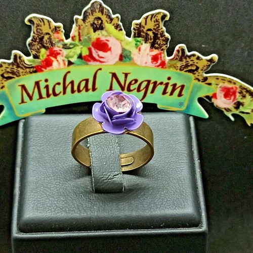 Michal Negrin Rose Ring Purple Romantic Wide Adjustable Enamel Crystal 7.25 3D - Picture 4 of 10