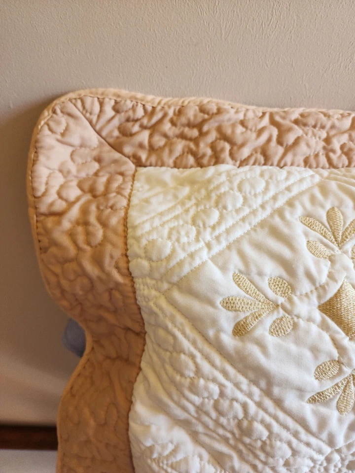 Set of 2 NJ Linen Embroidered Brown/Gold White Floral Standard Pillow Shams - Image 3 of 4