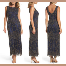 NWT 228 Pisarro Nights Embellished Mesh Gown in Navy Gold SZ 6  E848