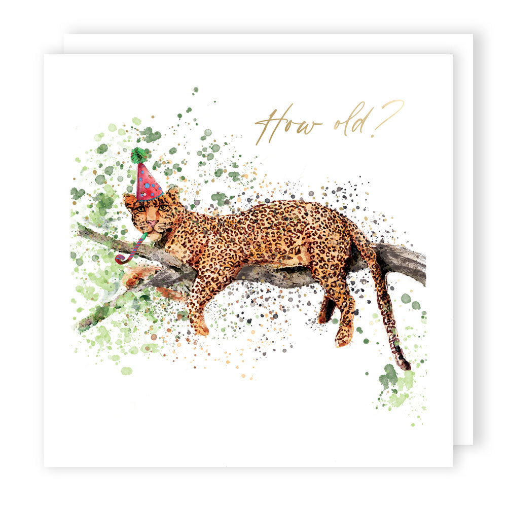 How Old? Party Cheetah Watercolour Birthday Greeting Card Animal Trail Cards