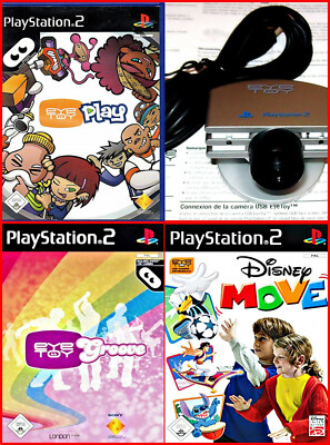 PS2  - 3 EYE TOY BEWEGUNGS GAMES + CAM - DISNEY MOVE + GROOVE + EYETOY PLAY