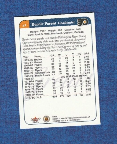 2001-02 Fleer Greats of the Game # 41 Bernie Parent - Image 2 of 2