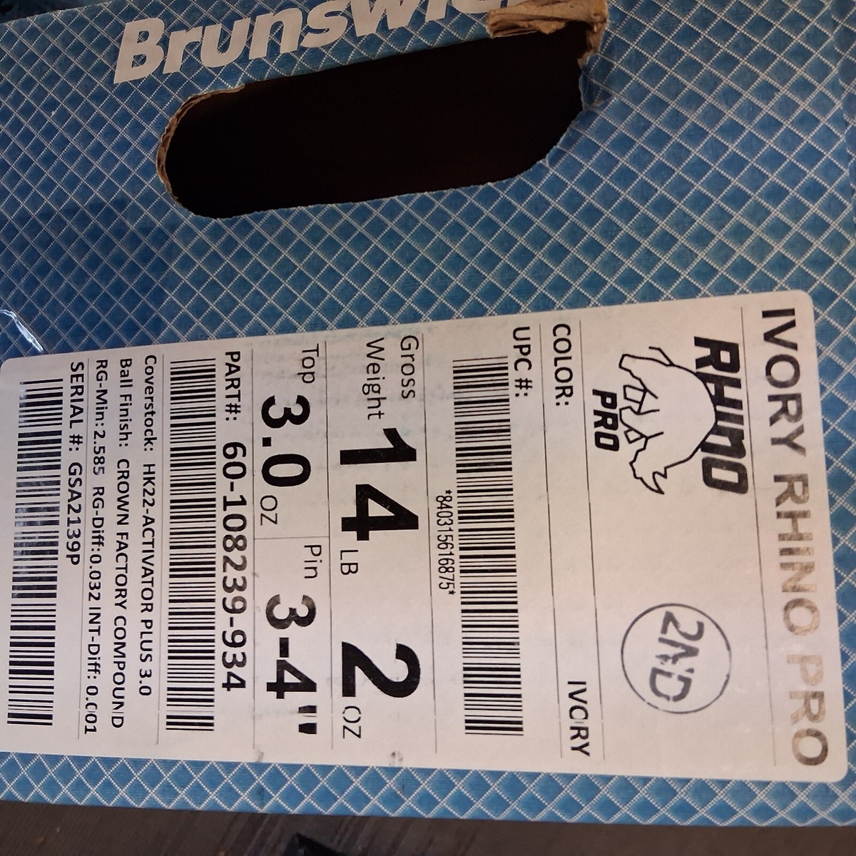 Brunswick Ivory Rhino Pro BOWLING ball 14 lb new in box #139