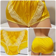 Shiny Double Nylon Gusset  Lace Granny Panty Full Cut Brief 6/M YELLOW Burst