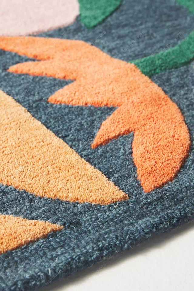 Alfombra bohemia de lana floral de 8 x 10 pies alfombra verde y naranja acolchada a mano Foto 4 de 4