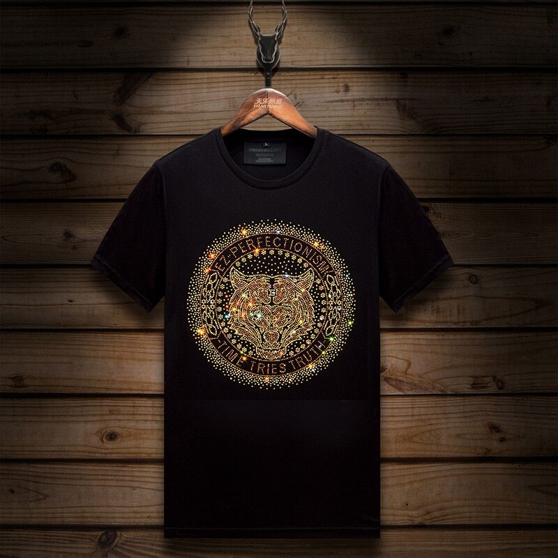 New Fashion Tiger Rhinestone Summer Short Sleeve Luxury Men Streetwear  T-Shirt