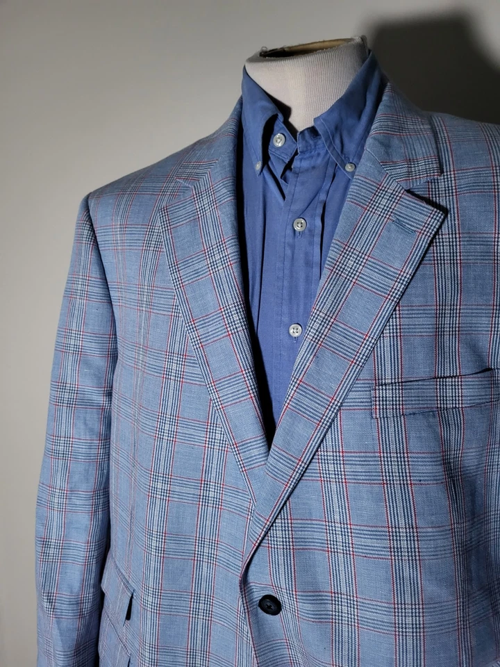 Chaqueta Blazer Abrigo Deportivo 48L Paul Fredrick Lino Algodón Azul Blanco Rosa Cuadros Foto 4 de 4